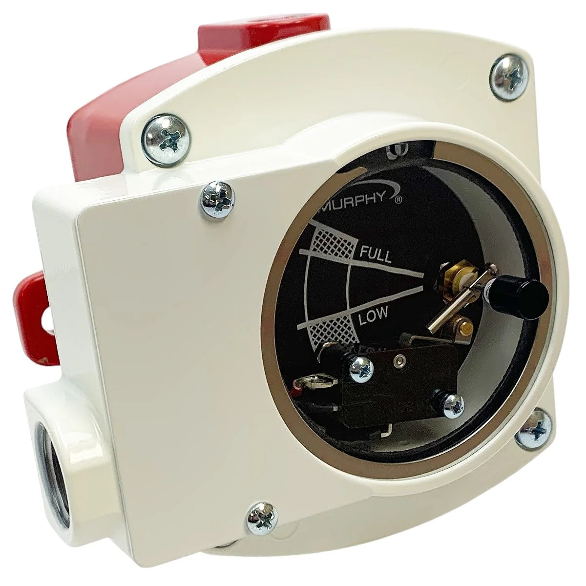 Murphy water heater thermostat control module with a cream-colored plastic housing, red side accents, and a black dial gauge showing full and low positions.