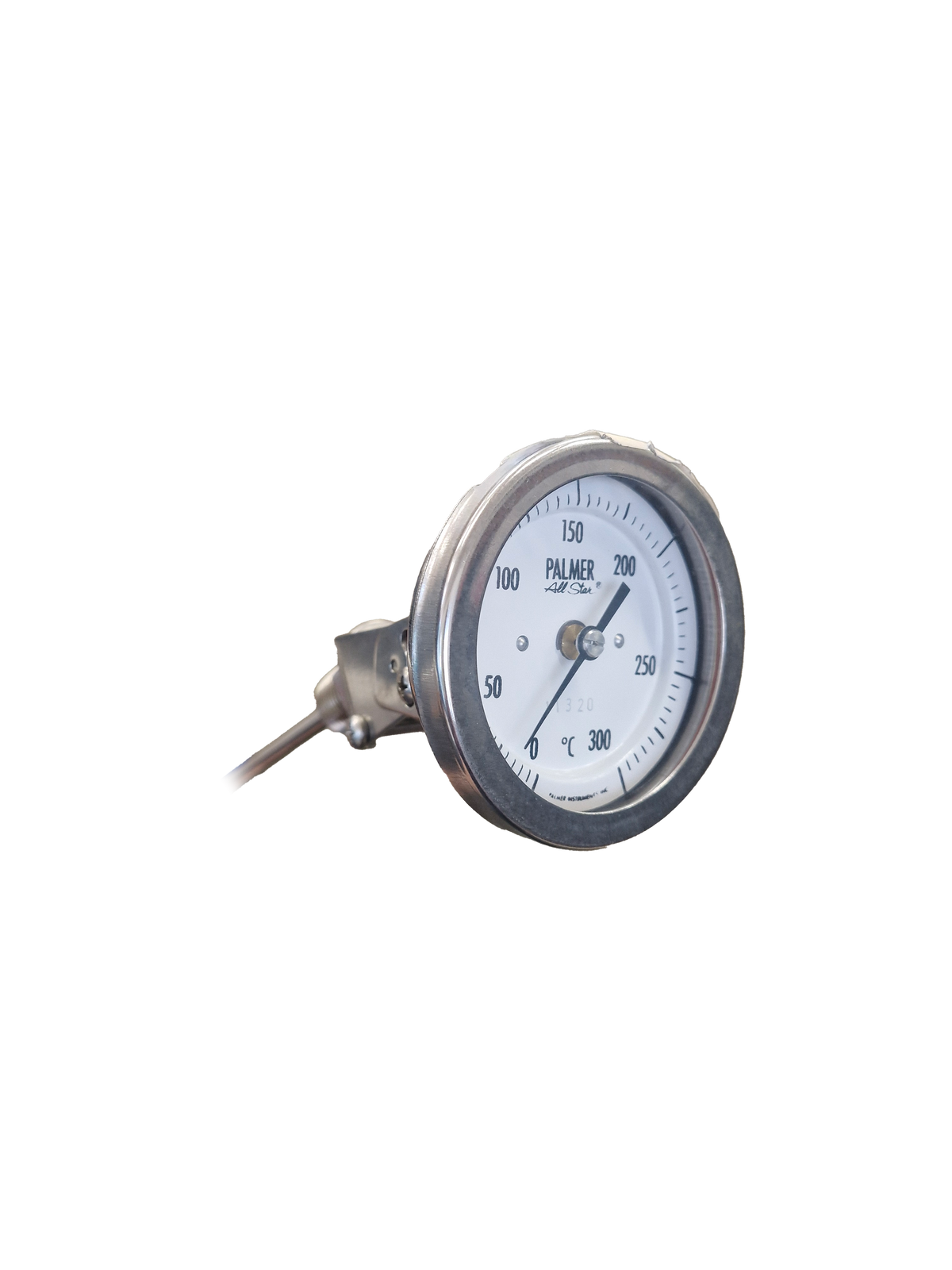 PALMER - BImetal Temperature Gauge, 0 ... 300C, 85mm Dial, 210mm Stem, All Stainless Steel, 1/2" fixed thread, any angle