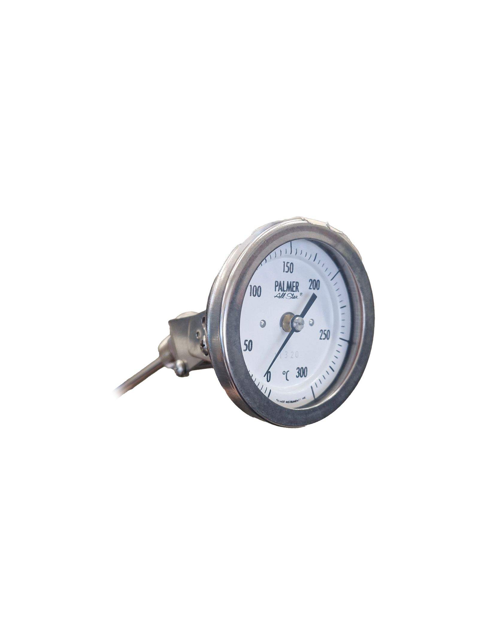 PALMER - BImetal Temperature Gauge, 0 ... 300C, 85mm Dial, 210mm Stem, All Stainless Steel, 1/2" fixed thread, any angle