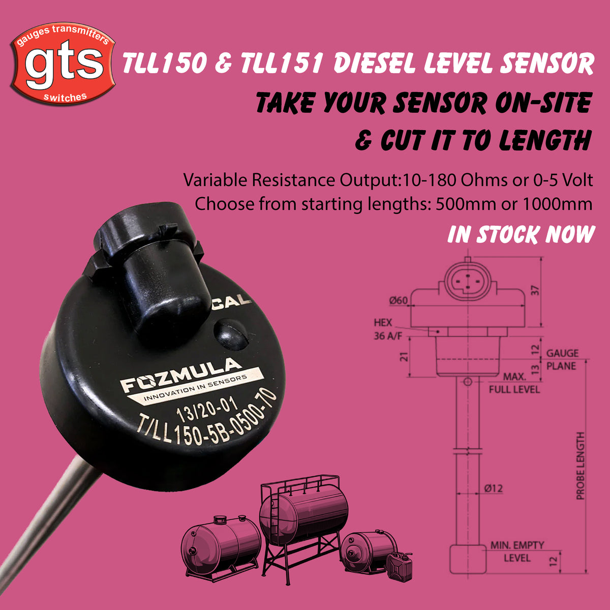 TLL151 Cut-to-Length Diesel Variable Resistance Sensor, 0-5 Volt Output
