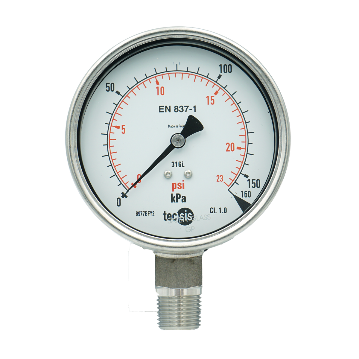 P2325 100mm Bottom-Entry Pressure Gauge: All Stainless Steel, 1/2" NPT