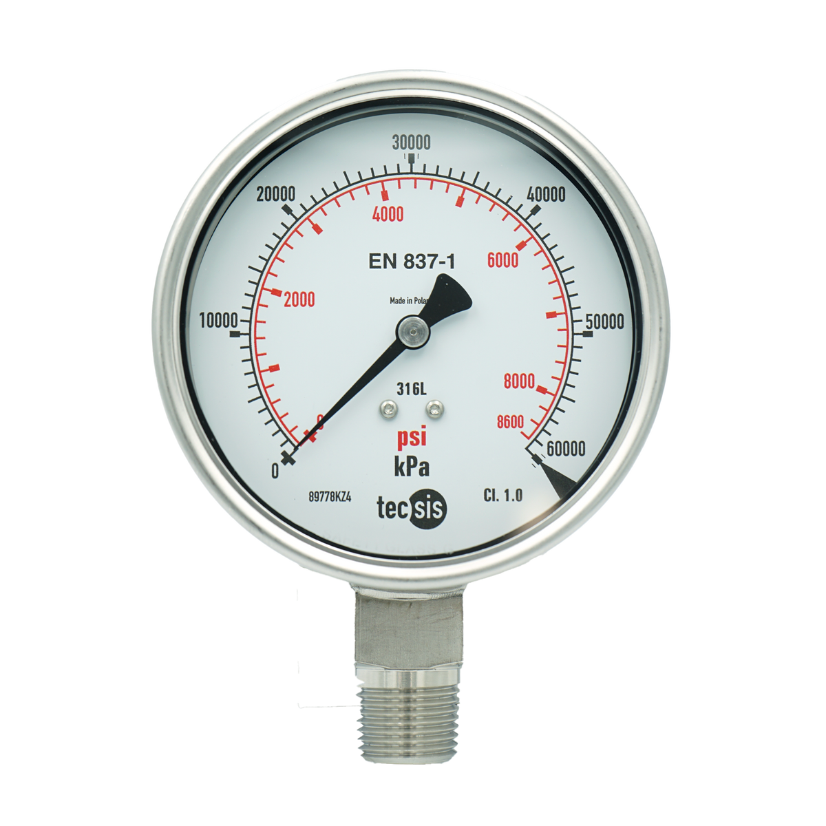 P2325 100mm Bottom-Entry Pressure Gauge: All Stainless Steel, 1/2" NPT