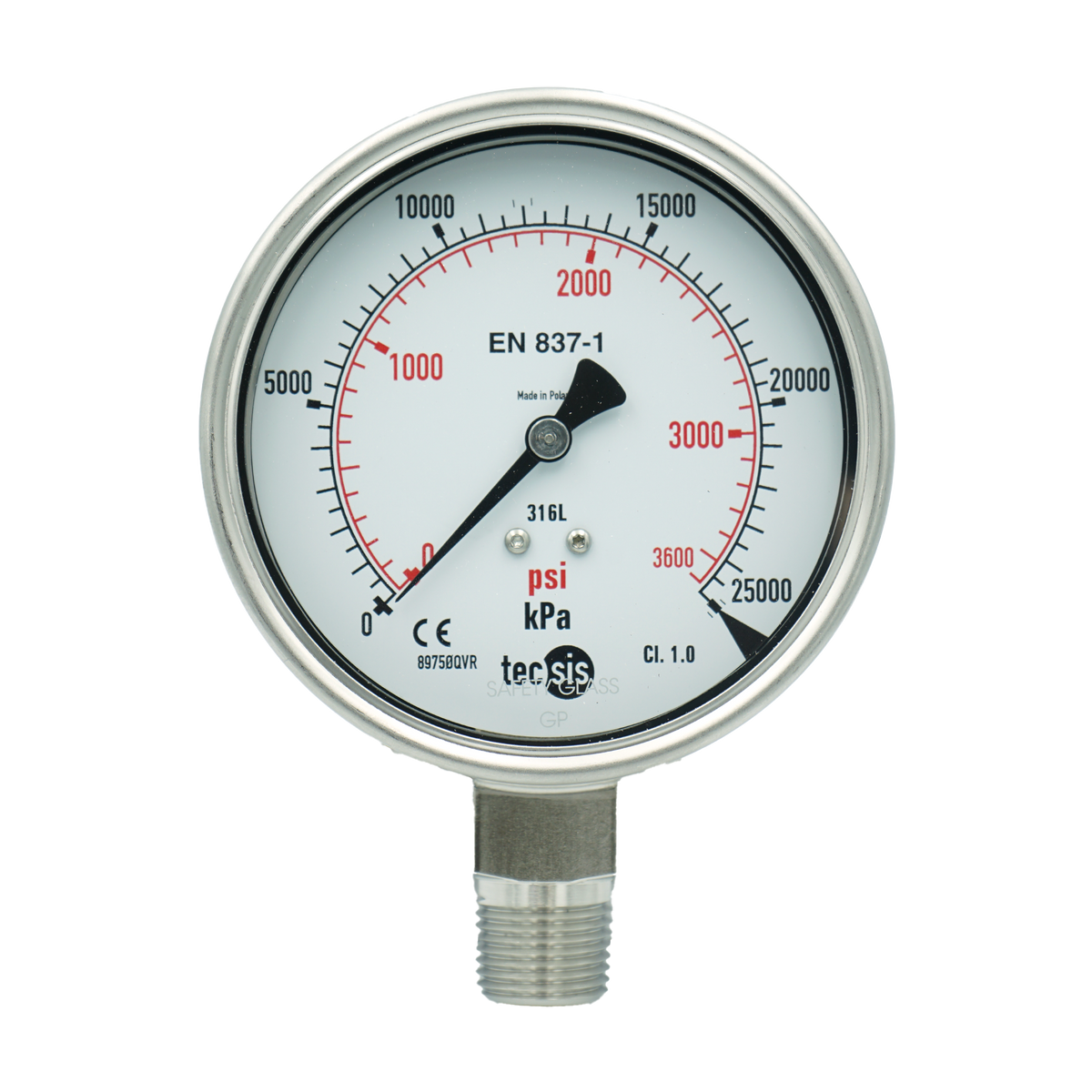 P2032 63mm Bottom-Entry Pressure Gauge: All Stainless Steel, 1/4" BSPT