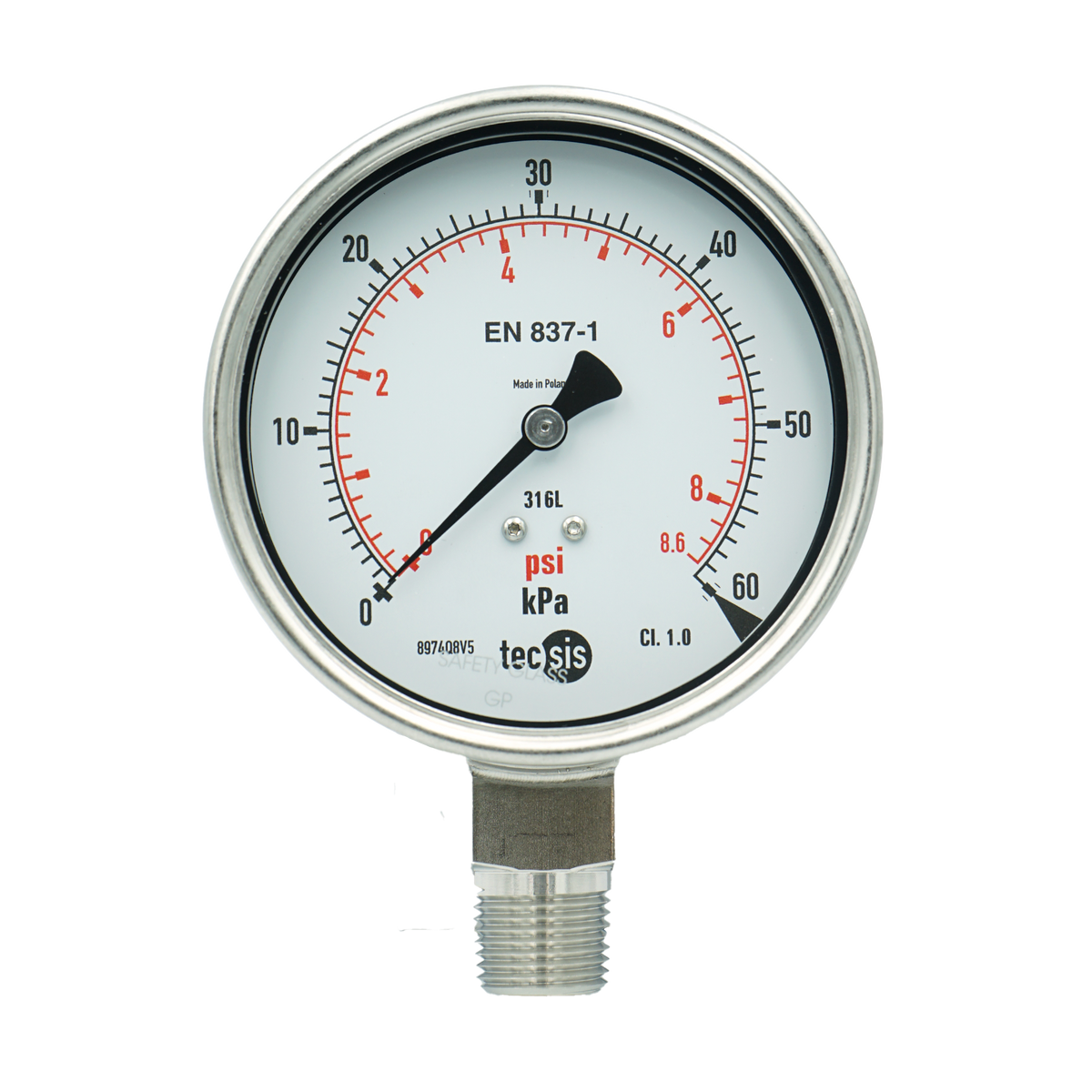 P2325 100mm Bottom-Entry Pressure Gauge: All Stainless Steel, 1/2" NPT