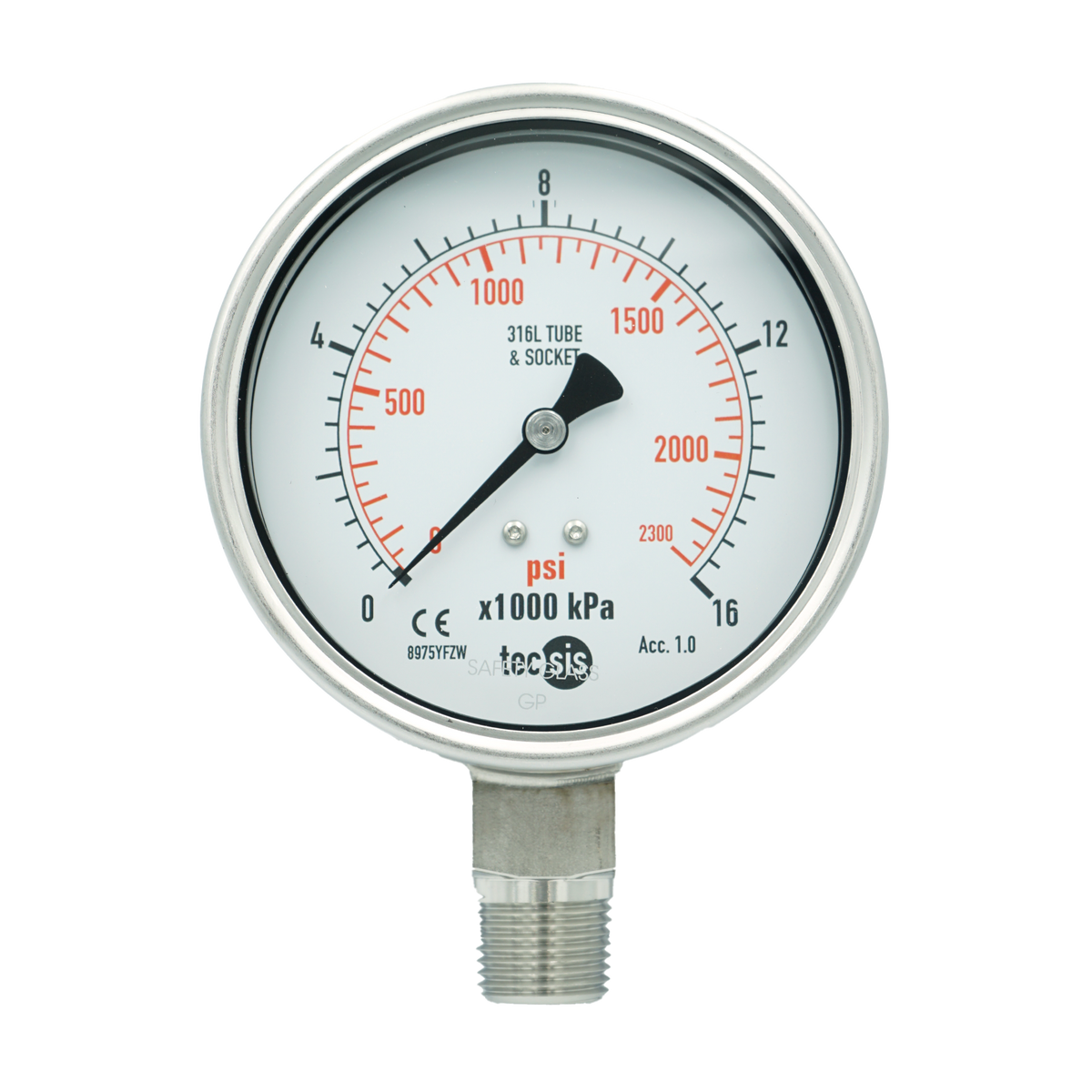 P2325 100mm Bottom-Entry Pressure Gauge: All Stainless Steel, 1/2" NPT