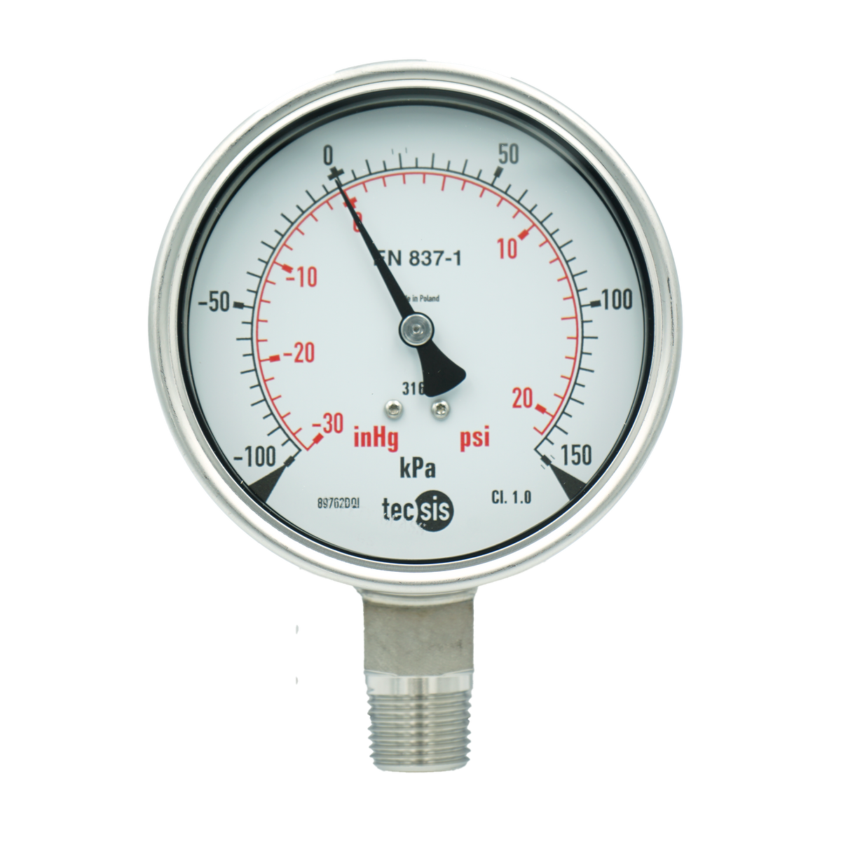 P2325 100mm Bottom-Entry Pressure Gauge: All Stainless Steel, 1/2" NPT