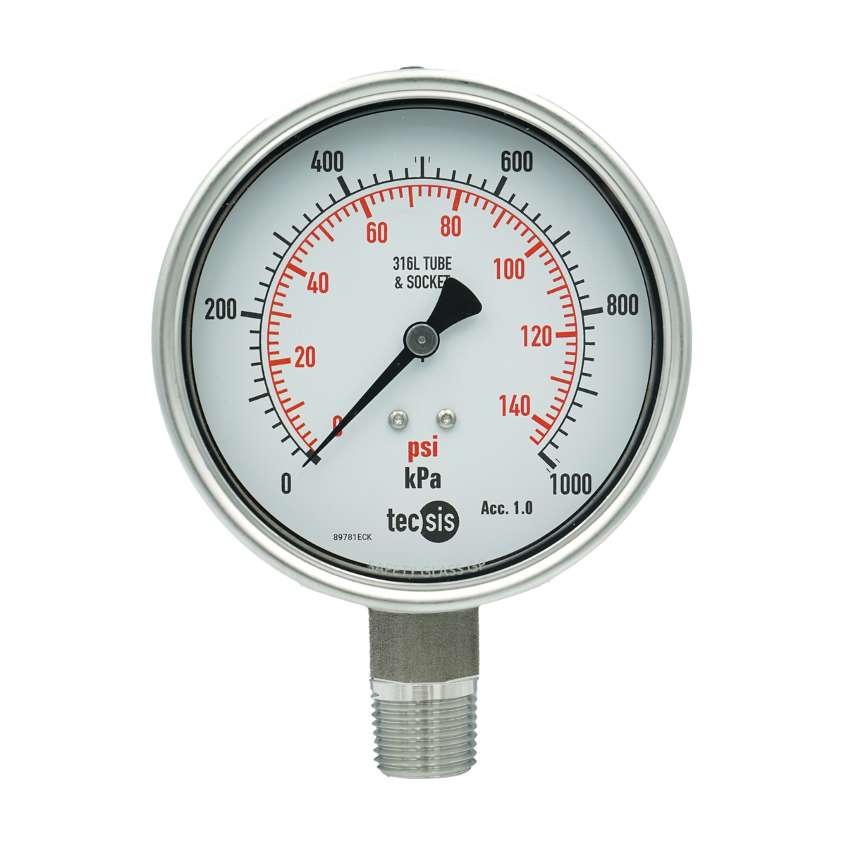 P2325 100mm Bottom-Entry Pressure Gauge: All Stainless Steel, 1/2" NPT