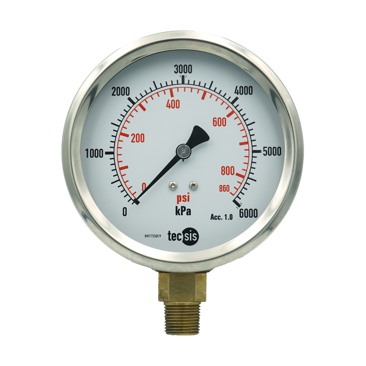 P1776 100mm Bottom-Entry Pressure Gauge: Brass Internals, 3/8" BSPT
