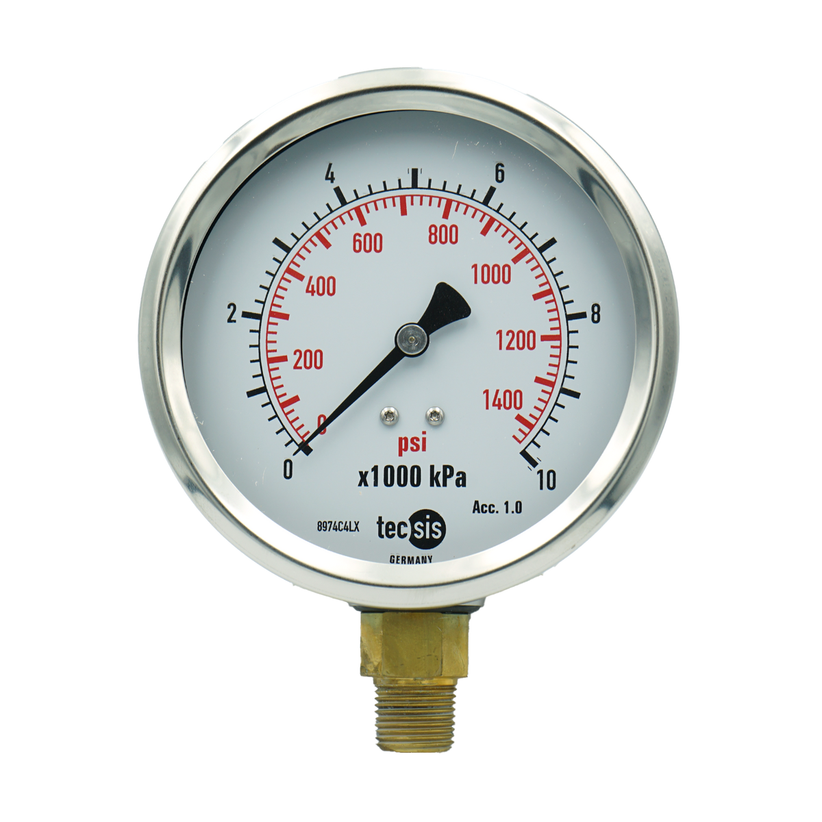 P1776 100mm Bottom-Entry Pressure Gauge: Brass Internals, 3/8" BSPT