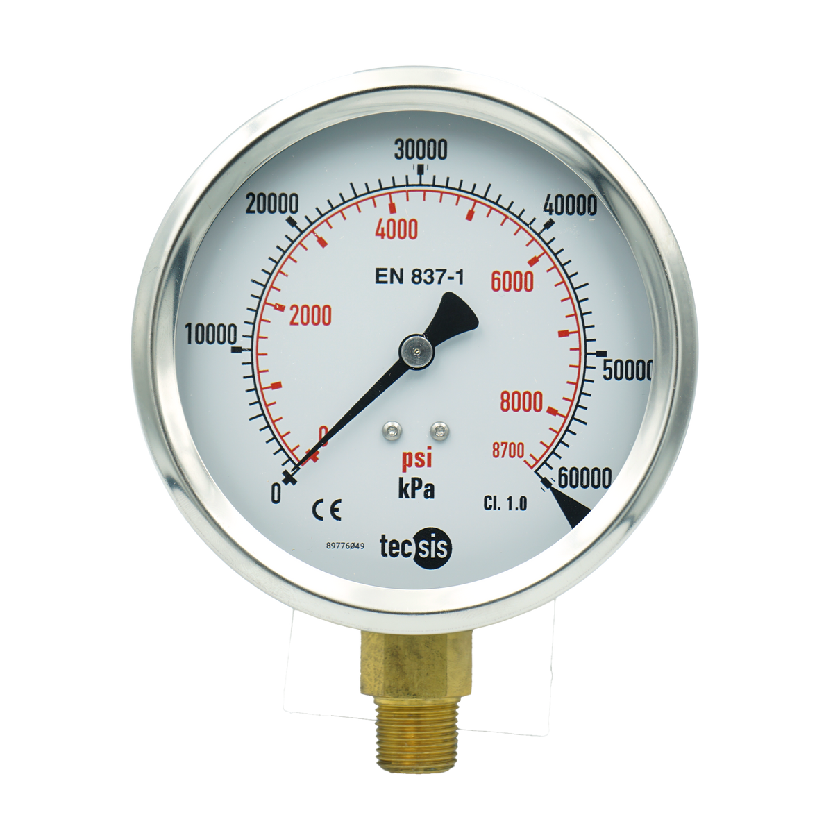 P1776 100mm Bottom-Entry Pressure Gauge: Brass Internals, 3/8" BSPT