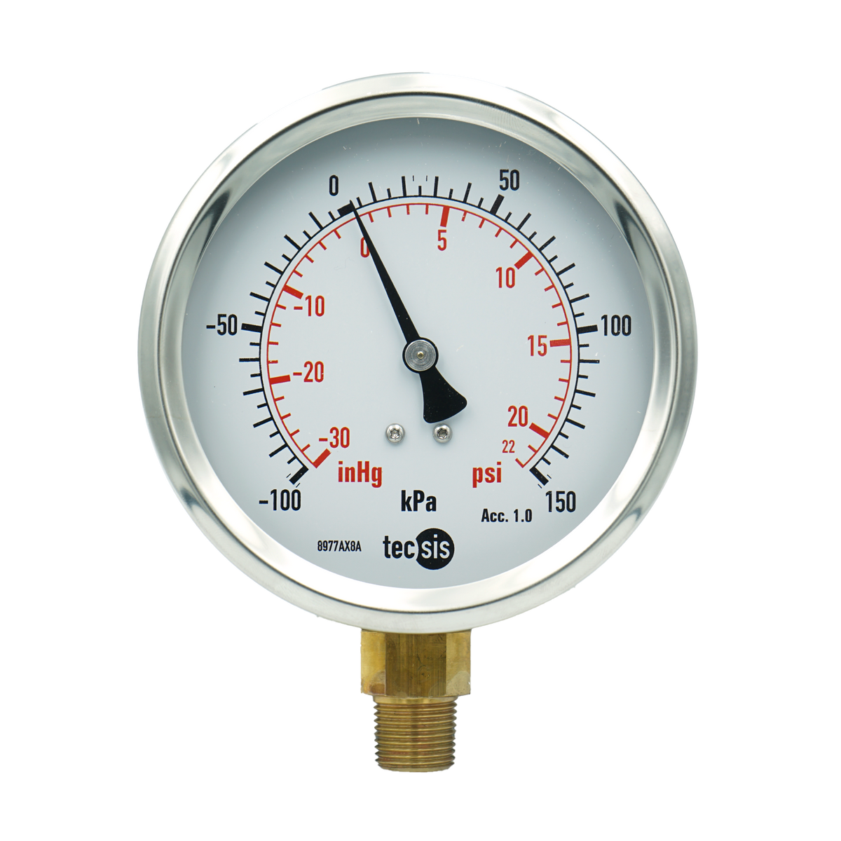 P1776 100mm Bottom-Entry Pressure Gauge: Brass Internals, 3/8" BSPT