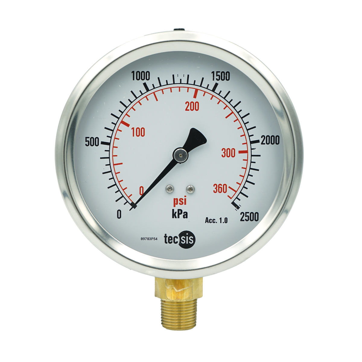 P1776 100mm Bottom-Entry Pressure Gauge: Brass Internals, 3/8" BSPT