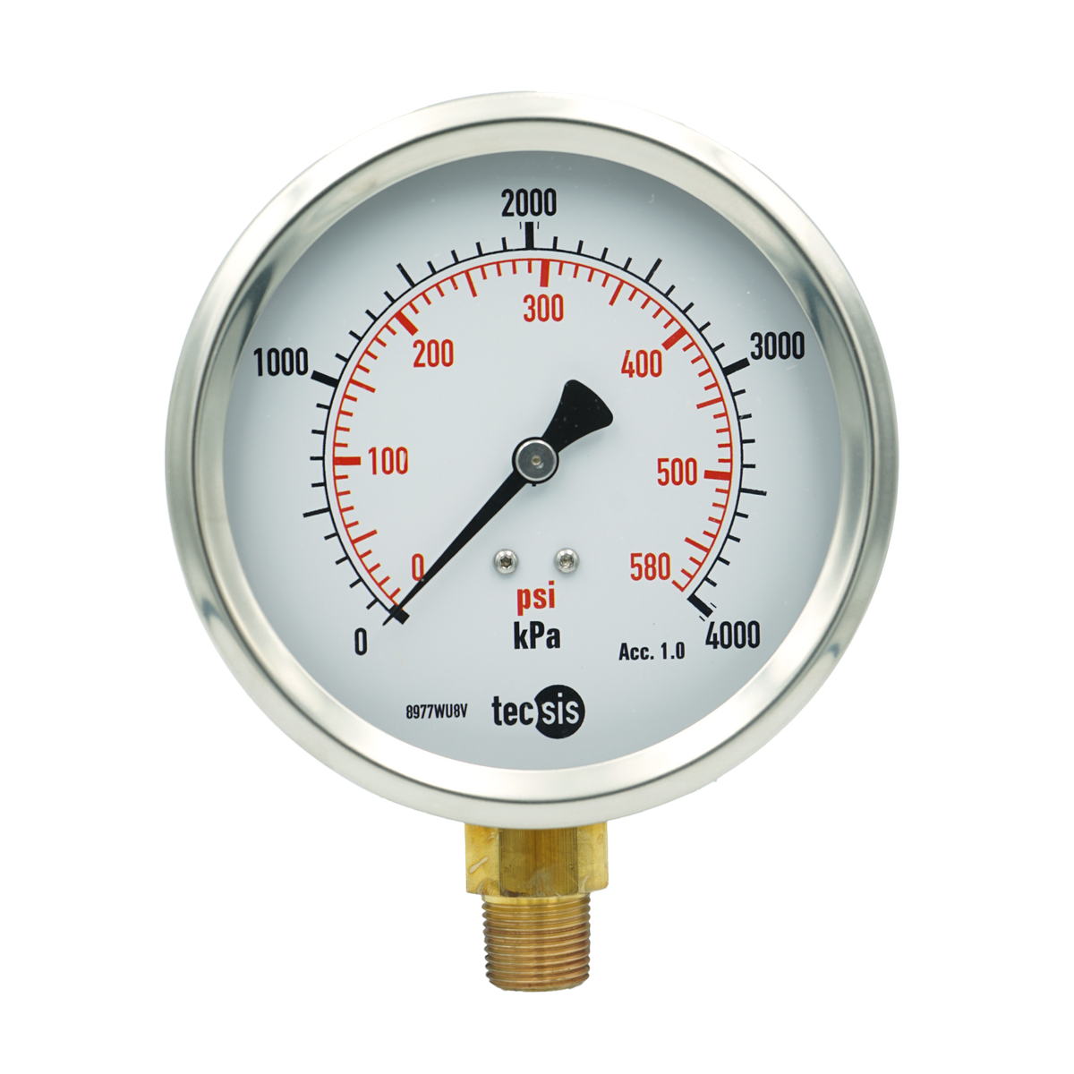 P1776 100mm Bottom-Entry Pressure Gauge: Brass Internals, 3/8" BSPT