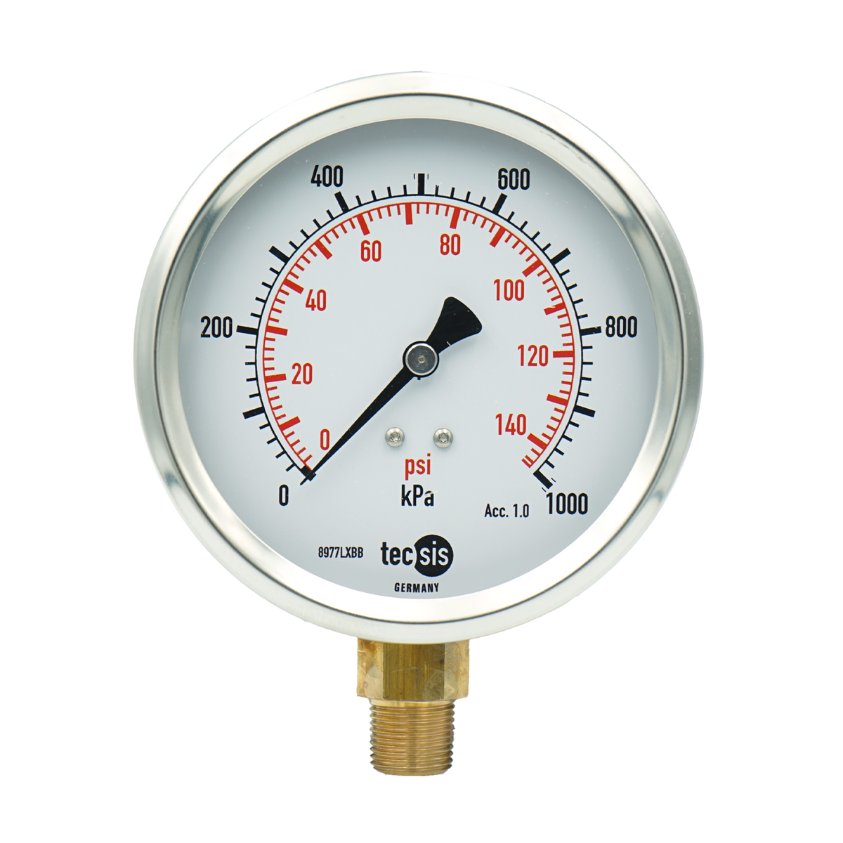 P1776 100mm Bottom-Entry Pressure Gauge: Brass Internals, 3/8" BSPT