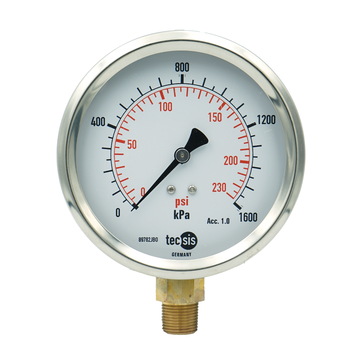 P1776 100mm Bottom-Entry Pressure Gauge: Brass Internals, 3/8" BSPT