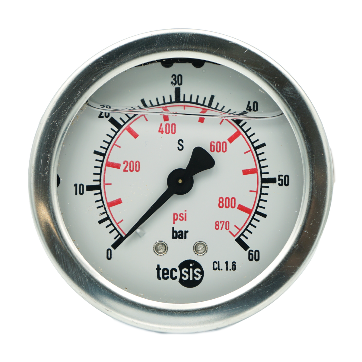 A round Tecsis CL 1.6 pressure gauge with a silver metal casing, featuring a white dial with black, red, and gray markings and a black pointer needle.
