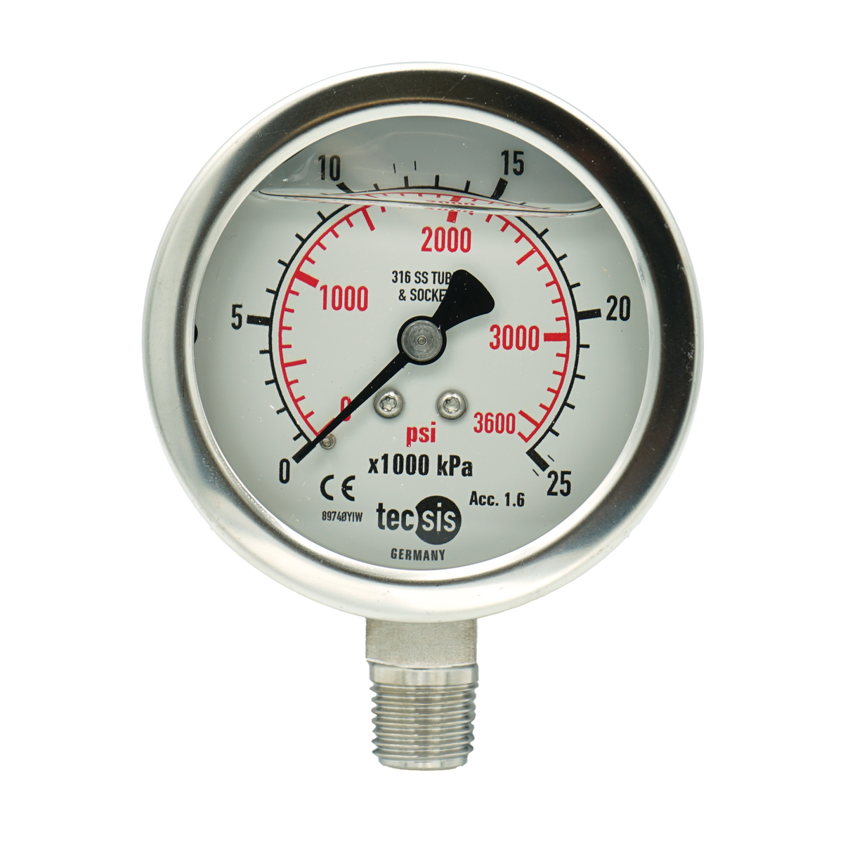 P2032 63mm Bottom-Entry Pressure Gauge: All Stainless Steel, 1/4" BSPT