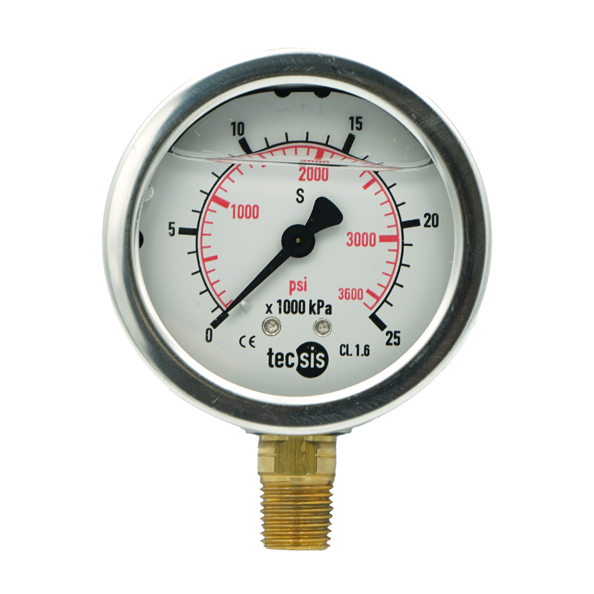 P1454 63mm Bottom-Entry Pressure Gauge: Brass Internals, 1/4" BSPT