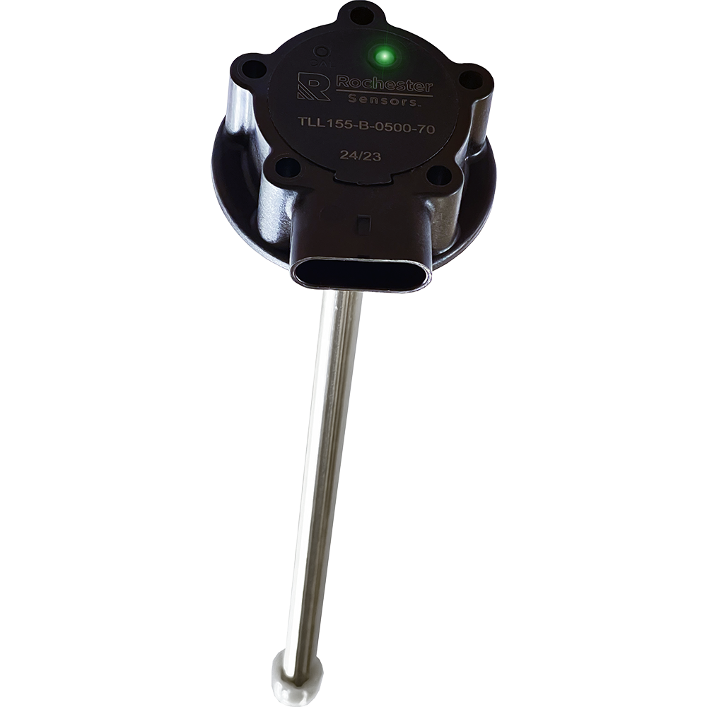 A black and silver capacitive fuel level sensor with a label indicating 'TLL157: Cut to Length' and a 4-20mA output.