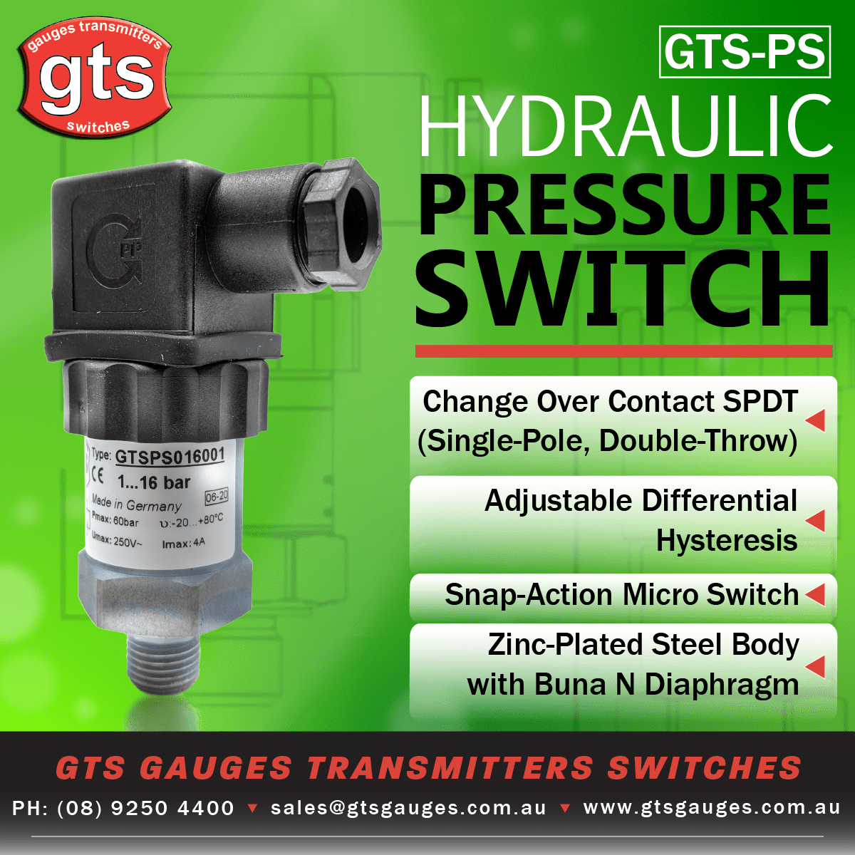 GTSPS Hydraulic Pressure Switch with Hysteresis Adjustment