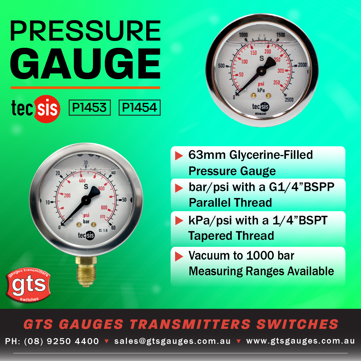 P1453 63mm Rear-Entry Pressure Gauge