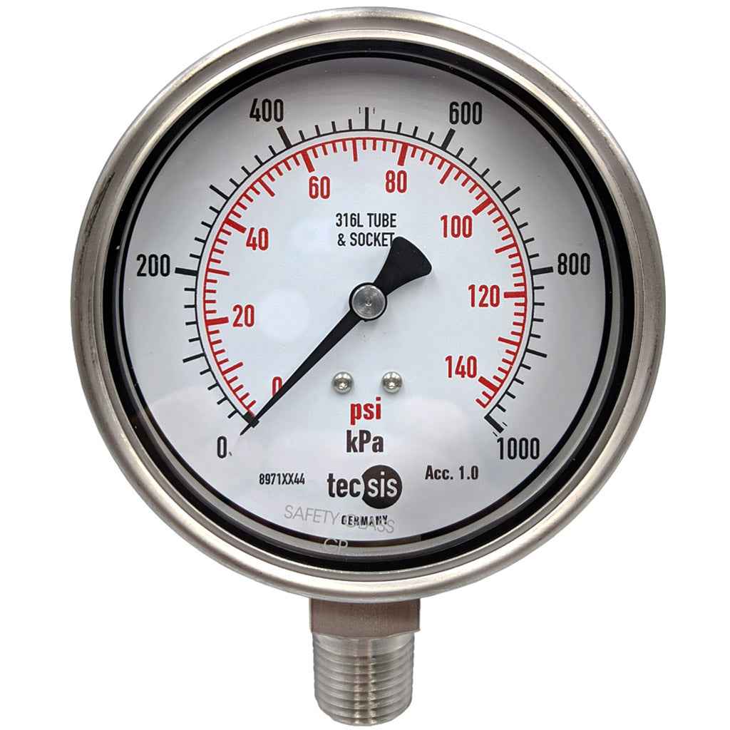 PRM 2.5" Liquid Filled Pressure Gauge – 0-100 PSI / 0-7 Bar – Stainless Steel Case, 1/4" NPT Bottom